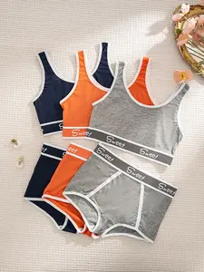 Women's Letter Print Underwear Set, Casual Sports Bra & High Waist Panties, Comfortable Soft Fabric, Fashion Design, All Seasons, Elastic Waist Cami
