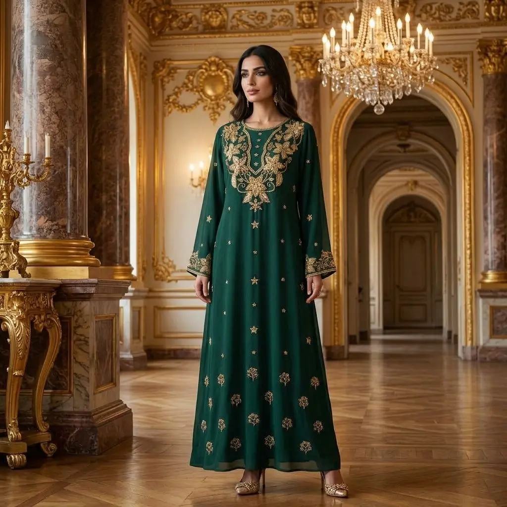 Luxury Emerald Green Embellished Abaya | V-Neck Embroidered Maxi Dress for Eid & Weddings