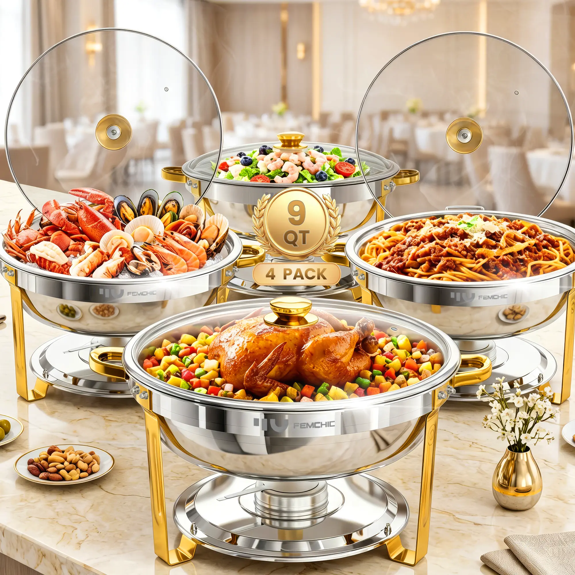 Femchic 9QT Chafing Dishes for Buffet – Stainless Steel Round Chafer Set with Glass Lid, Stackable & Smooth Rim, Dishwasher Safe, Available in Gold or Silver, for Commercial Catering, Parties, Weddings & Holiday Gatherings (2/4 Pack)