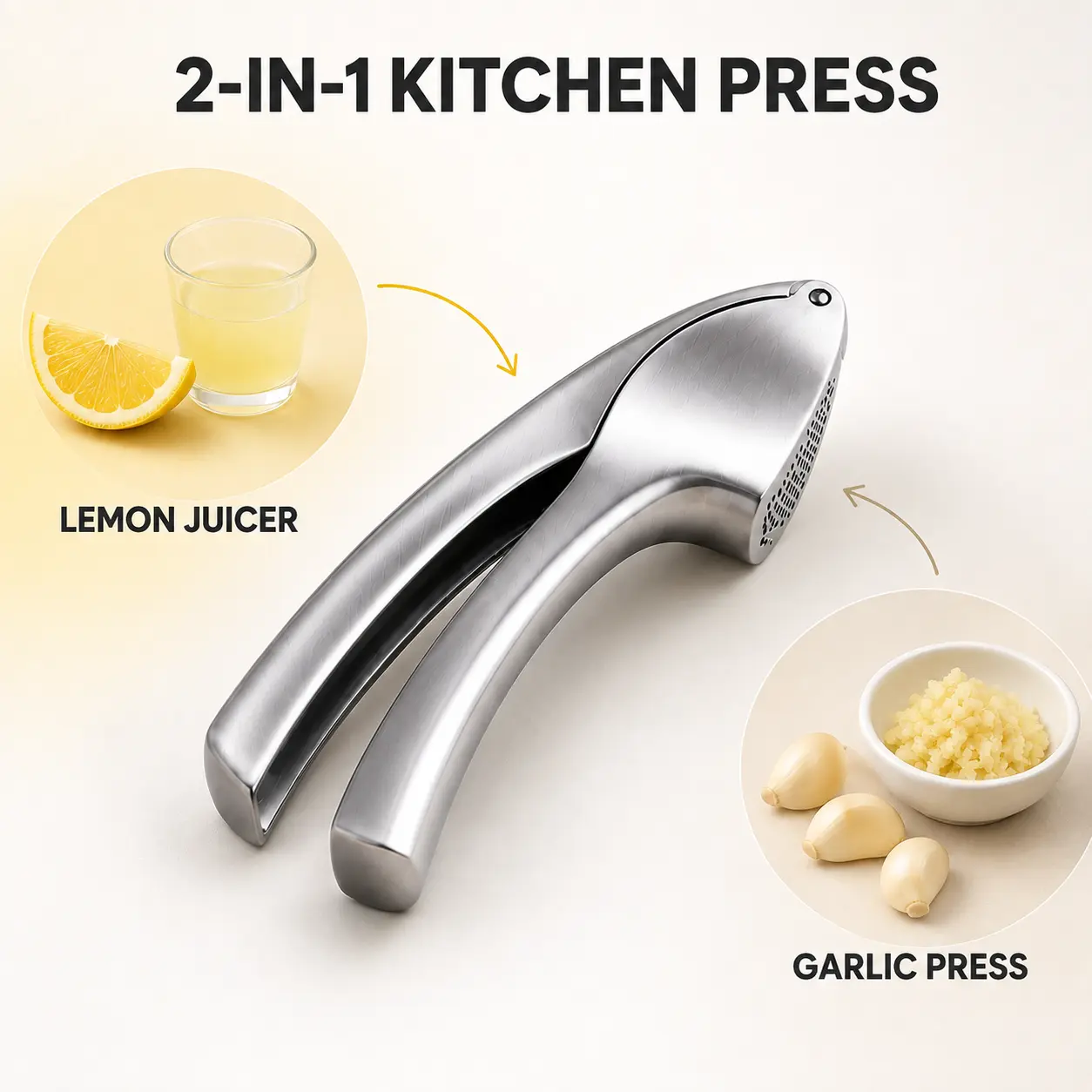 2-in-1 Garlic Press & Citrus Juicer, Heavy Duty Garlic Crusher, Mincer & Lemon Squeezer, Easy Clean Kitchen Gadget for Garlic, Lemons, Sauces & Cooking