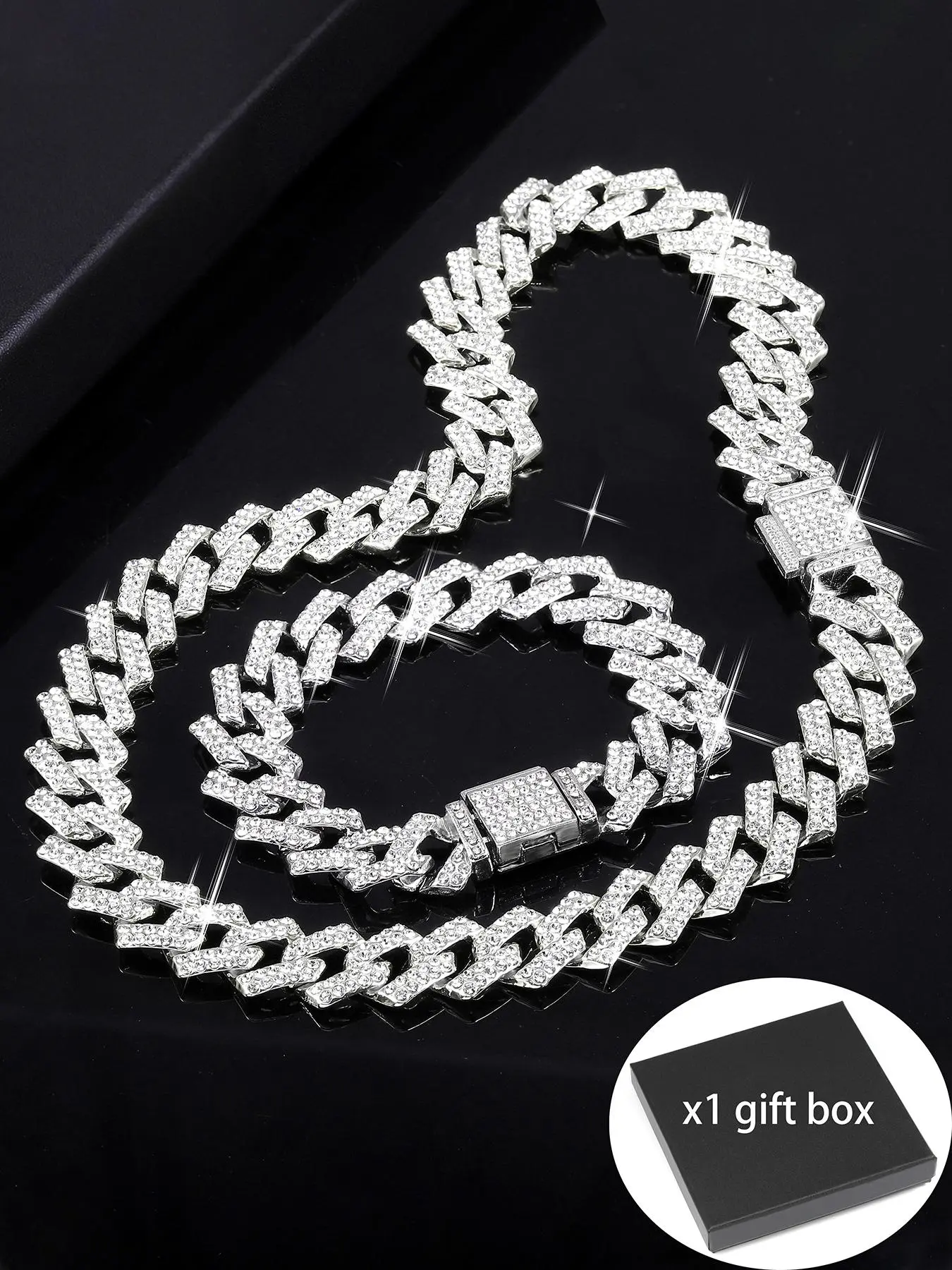 Rhinestone Decorated Cuban Link Chain Bracelet & Necklace, Cuban Figaro Set, Matching Fashionable Jewelry Set, Fashion Jewelry for Party, Daily Clothing Decor, Trendy All-match & Exquisite Jewelry for Birthday Gift