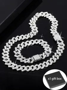 Rhinestone Decorated Cuban Link Chain Bracelet & Necklace, Cuban Figaro Set, Fashion Jewelry for Party, Daily Clothing Decor, Trendy All-match & Exquisite Jewelry for Birthday Gift