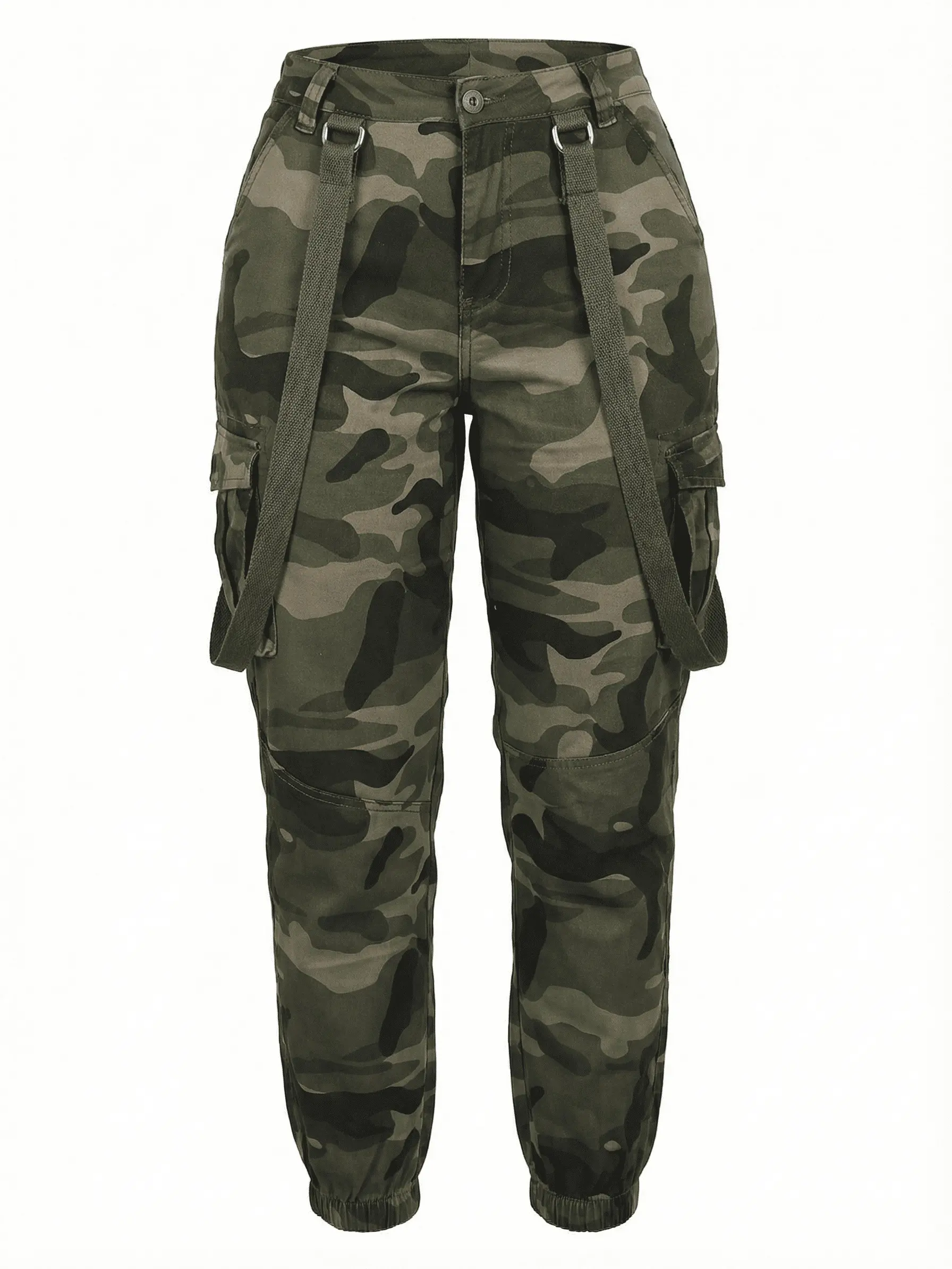 Women's Camouflage Cargo Pants, Casual Tapered Streetwear Bottoms with Suspenders and Adjustable Waist, Outdoor Fashion Clothes, Comfortable, Fit, Women's Clothes, Outdoors