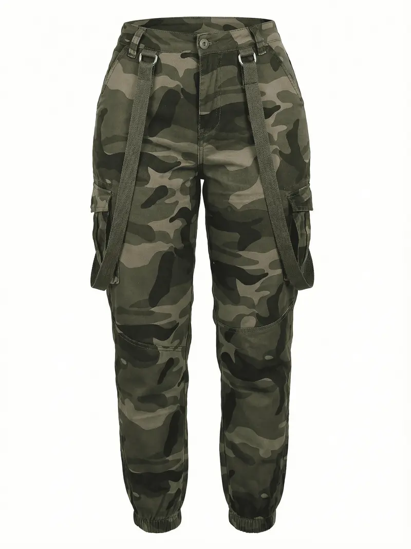 Womens Street Fashion Camouflage Versatile Tapered Cargo Pants with Suspenders Adjustable Fit Ideal for Daily Wear Outdoor Activities Home Relaxation and Sports All Season Comfort