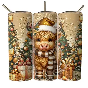 Highland Cow Tumbler, Christmas Cow Tumbler, 20oz Insulated Tumbler Drinkware with Flasks Lid and Straw, Holiday Cup, Gold Design Cup, Neutral Colors