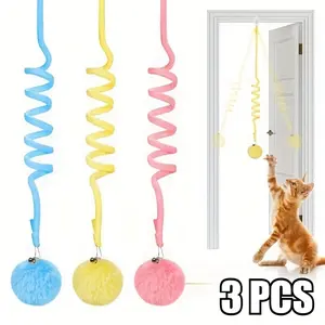 3Pcs Retractable Cat Teaser Toys with Bells, Colorful Elastic String Fluffy Ball Interactive Cat Toy, Durable Plush Indoor Play Exercise Toy for All Cats