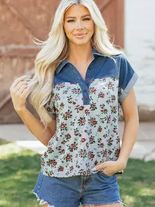 Women's Chic Denim Patchwork Polo Top - Retro Floral Print, Comfortable Shortsleeve Everyday Piece, Casual Shirt