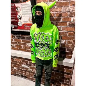 Harajuku Hoodie with Horn Hat - Neon Green Graphic Print "NEED MONEY" & Stars - Unisex Oversized Streetwear Sweatshirt - All-Season Casual Pullover for Men & Women - Machine Washable, Versatile Clothing, Comfortable Fit, Urban Style, Durable Material,