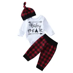 Ma&Baby Infant Newborn Baby Boy Girl Long Sleeve Bear Romper+Plaids Long Pants+Hat Outfits Clothes Set