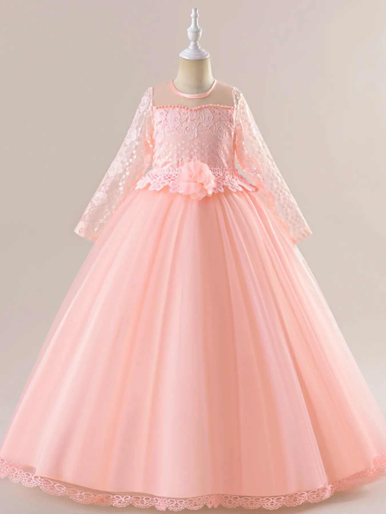 4-14Y Long Sleeve Kids Clothes Little Girl Dress Tulle Lace White Flower Girls Princess Long Ball Gown Frock Children Formal Evening Party Banquet Pageant Prom Host Dress Birthday Party Dresses Dress Up Gown for All Season