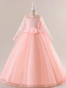 4-14Y Long Sleeve Kids Clothes Tulle Lace White Flower Girls Princess Long Ball Gown Frock Children Formal Evening Party Banquet Pageant Prom Host Dress Birthday Party Dresses for All Season