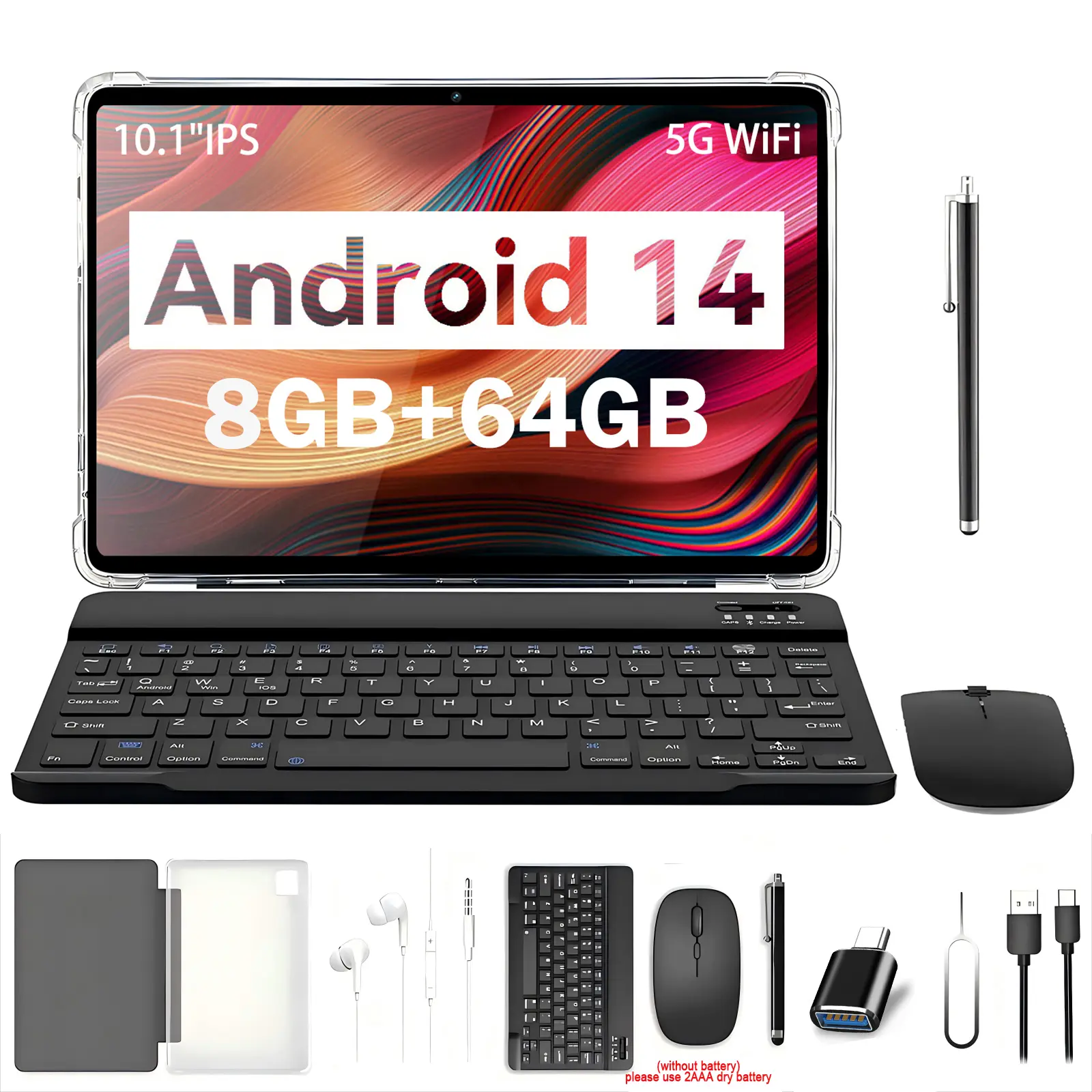 10.1 Inch Android 14 Tablet 8GB RAM 64GB Storage with Keyboard Mouse Case Stylus Dual Camera 5G WiFi USB Device for Streaming & Learning