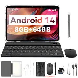 10.1 Inch Android 14 Tablet, 8GB RAM 64 GB Storage Tablet with Keyboard & Mouse & Case & Stylus, Dual Camera Tablet