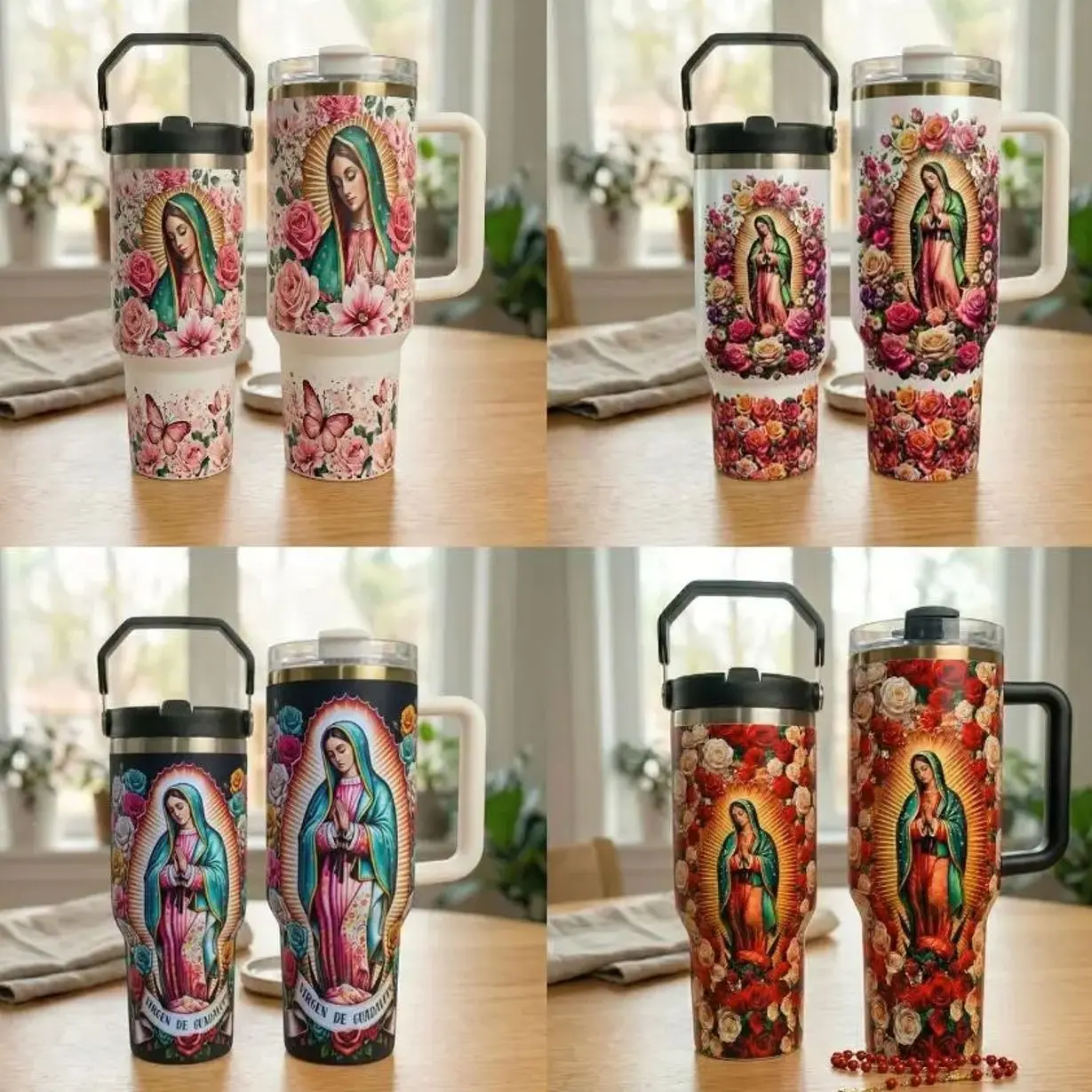 Virgin Mary Our Lady of Guadalupe Tumbler 40oz 30oz with Handle, Catholic Floral Stainless Steel Cup, Religious Gift, Insulated Hot Cold Drink Mug