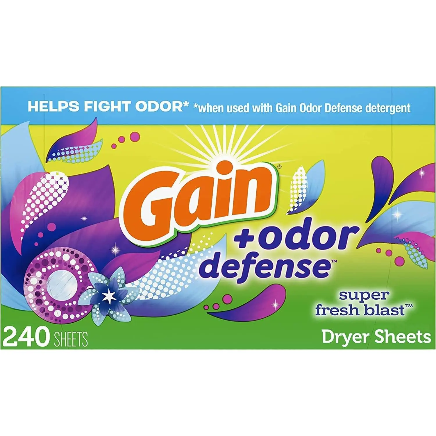 Gain Dryer Sheets Plus Odor Defense, 240 Count Laundry Fabric Softener Sheets, Super Fresh Blast Scent for Static Control & Fresh Clothes