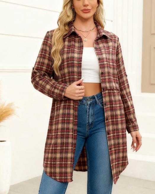 Women's Plaid Shirt Casual Long Sleeve V-Neck Button-Up Oversize Loose Fit Tunika S-XXL for Autumn Winter