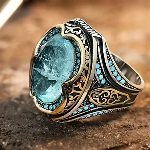 Vintage Men's Handmade Turkish Blue Ring Ancient Silver Pattern Fashion Islamic Religious Muslim Creative Large Blue Oval Elegant Wide Band Vintage High-Quality Handmade Unisex Religious Ring
