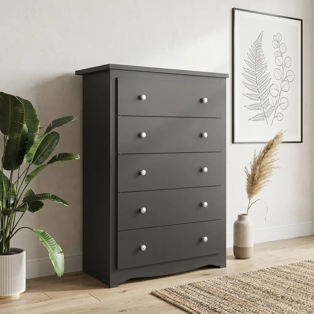 Black 5-Drawer Wood Dresser with Steel Frame, Anti-Rust Knobs, Smooth Slides, Thoughtful Hardware Design, Classic Modern Style, Solid Durable Structure, Assembly Required, 15.75"d x 31.50"w x 45.35"h Bedroom Storage Cabinet for Organization, Sliding Door