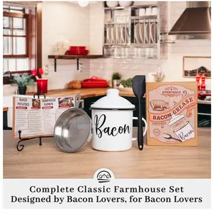 Rustic Farmhouse Bacon Grease Container with Filter and Spatula, 24oz Capacity, Dishwasher Safe - Kitchen Utensil Sturdy Stainless Lid Strainer oily containers food