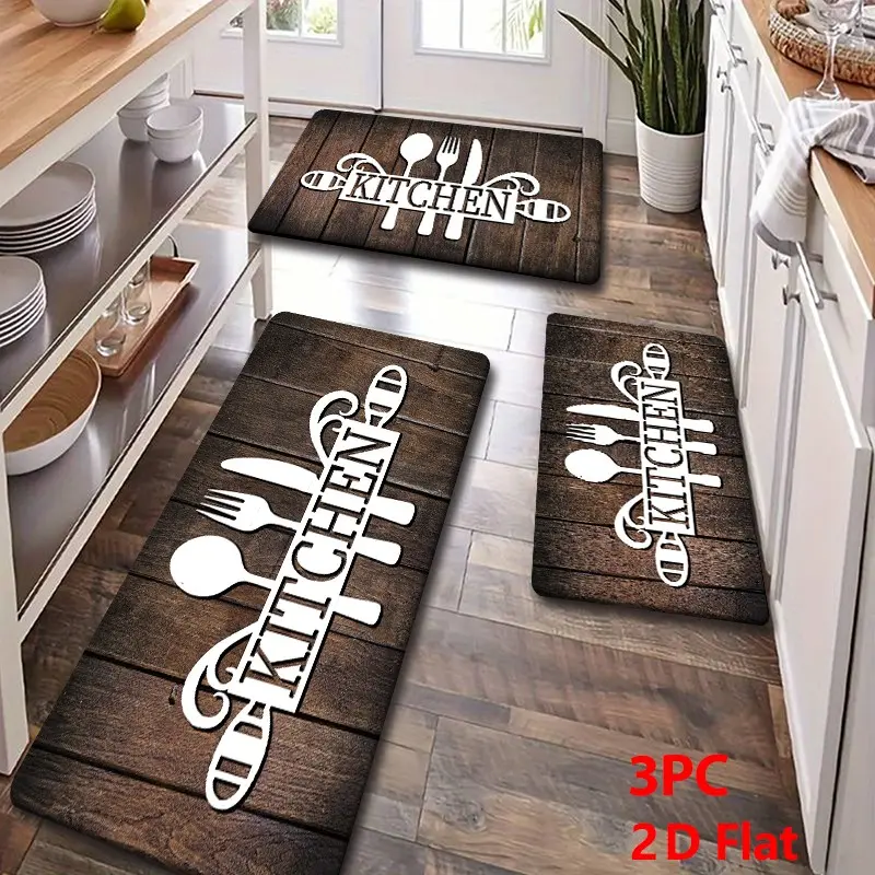 Vintage Kitchen Door Mat, Wood Grain Design, Kitchen Text, Durable Floor Protector, Ideal for Living Room, Bedroom, Bathroom, Kitchen, Kitchen Rugs Mats