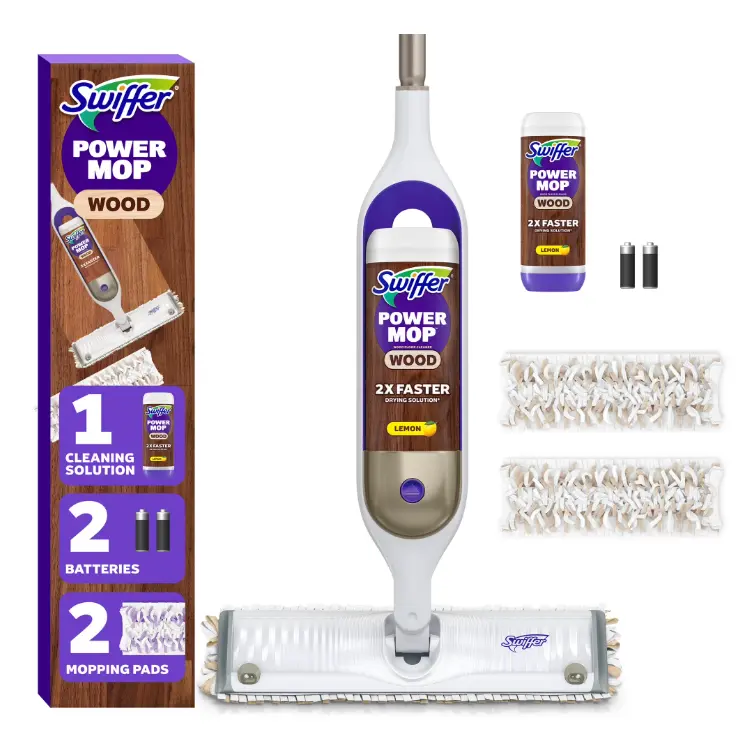 Swiffer Power Mop Wood Kit with Refill, Unscented, 1 handle + 1 solution & 2 Pads