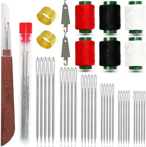 42PCS Big Eye Steel Sewing Needles Kit, Stainless Steel Needles for Hand Sewing Kit, Portable DIY Handcraft Set Include 30 Steel Needle, 6 Rolls of Thread, Seam Ripper, 2 Needle Threader, 2 Thimbles