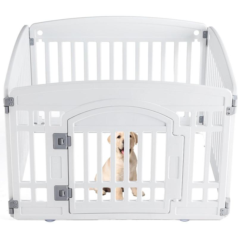 Plastic Dog Playpen - 4-Panel 24" Expandable & Durable Pet Fence for Medium Dogs - Indoor & Outdoor Portable Puppy Playpen with Secure Locking Door, White
