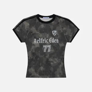 Aelfric Eden Camo Jersey Graphic Tee Slim Fitted Silhouette Raglan Sleeve Contrast Trim Jersey Print Soft Fabric Y2K Sporty Streetwear Women Top