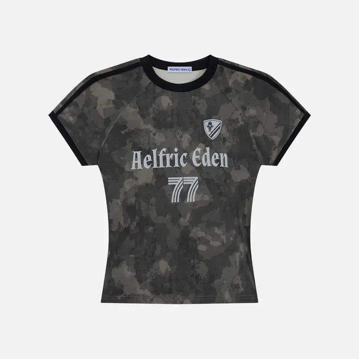 Aelfric Eden Camo Jersey Graphic Tee Slim Fitted Silhouette Raglan Sleeve Contrast Trim Jersey Print Soft Fabric Y2K Sporty Streetwear Women Top