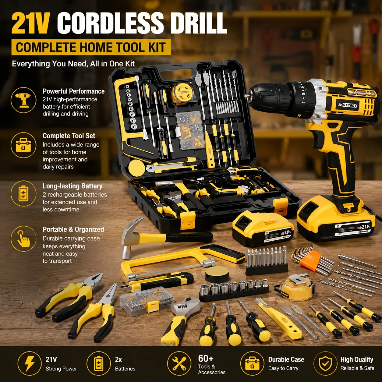 Cordless Drill and Tool Set, Heavy Duty All-In-1 Hand Tool Set with Lithium Ion Drill Press, Screwdrivers, Bits, Wrenches, Pliers, Electric Tool Box Kit with 2 Batteries, for Home Repair and Construction, Thanksgiving Gift and Christmas