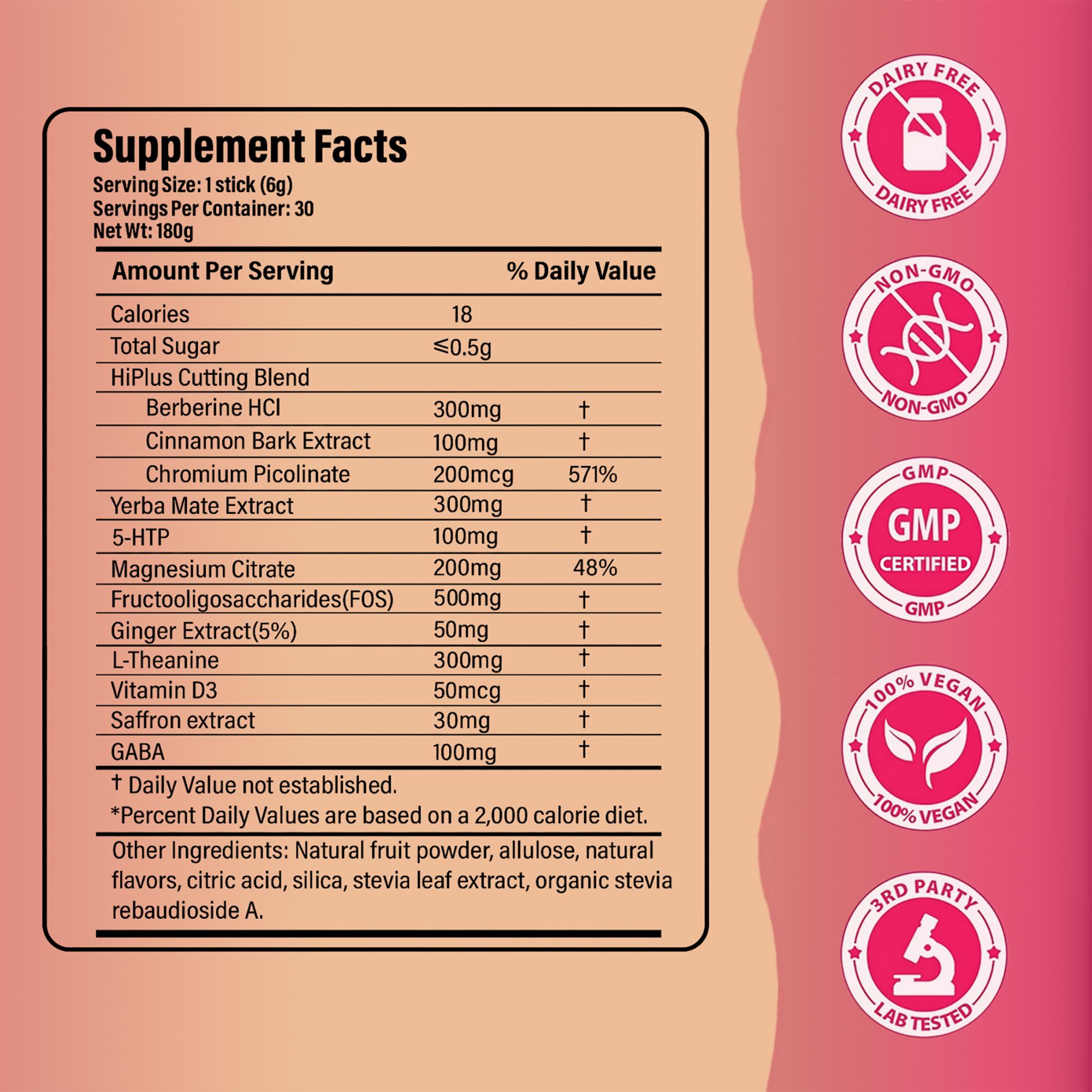 HiPlus Cutting Drink Mix – with Magnesium, Berberine, Chromium, Vitamin D3, 5-HTP & FOS | Sugar-Free, Vegan, Non-GMO, Gluten-Free, Raspberry Lemonade - 30 Servings