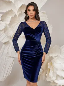 Miusol 54368A Women's Elegant Sexy Lace Long Sleeve Velvet Ruched Style Cocktail Party Bodycon Dress