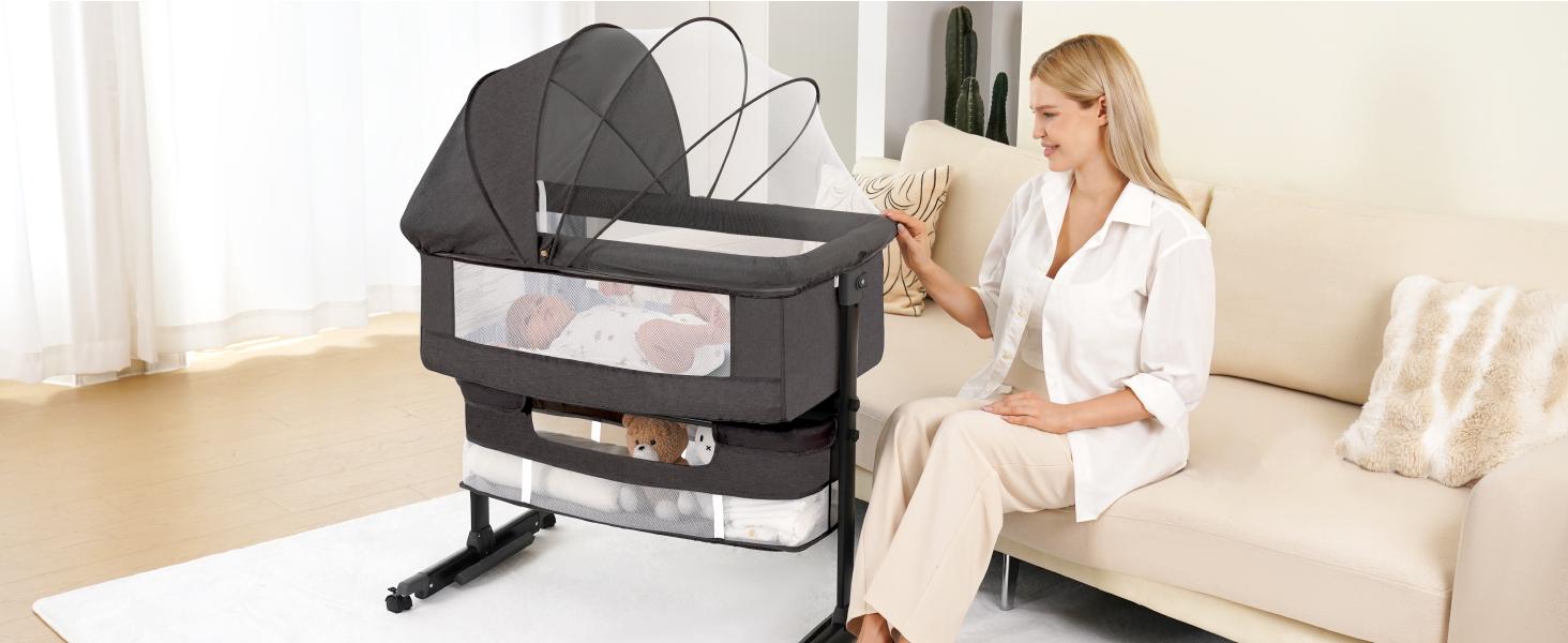 Baby Bassinet, Baby Basinet Bedside Sleeper, Easy to Fold Portable Crib Side Bassinet 2025new Style Girl/boy bassinets Height Adjustable Versatile