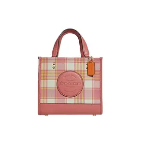 COACH Dempsey 22 Tote Bag for Women – Structured Fabric and Leather Crossbody Handbag in Pink and Beige Plaid