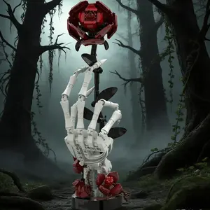 350PCS+ Dark Gothic Skeleton Hand With Rose Building Blocks  Bricks Set Horror Valentine Gift Black Romantic Home Decoration
