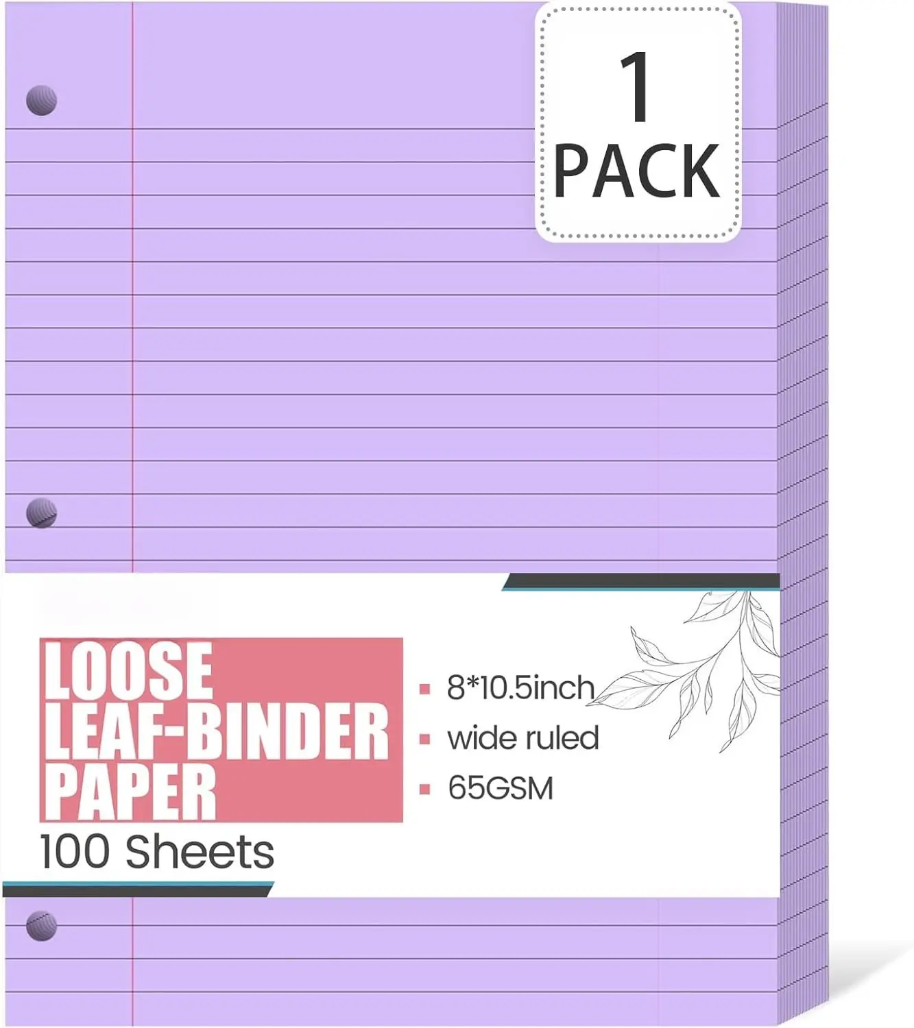 100 Sheets 8"x10.5" Purple Wide Ruled Lined Loose Leaf Paper, 3 Hole Punched Filler Paper for School & College, Fights Ink Bleed, Office Planners