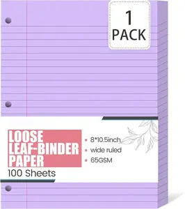 100 Sheets 8"x10.5" Purple Wide Ruled Lined Loose Leaf Paper, 3 Hole Punched Filler Paper for School & College, Fights Ink Bleed, Office Planners