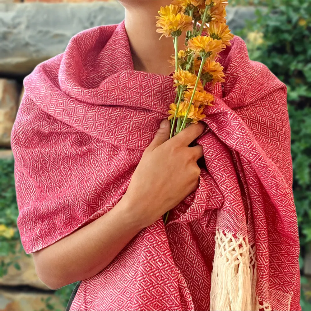 Unisex Geometric Shawl, Handmade Pedal Loom Rebozo in Thick Cotton for Cooler Day Outfits, Warm Casual Wrap with Decorative Trim, 23" x 70", Warm And Cozy, Fringe Trim, Rectangular