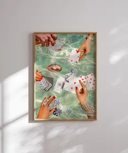 Vintage Playing Cards Wall Print, Retro Poker Night Cards & Drinks, Large Printable, Bar Cart Decorations