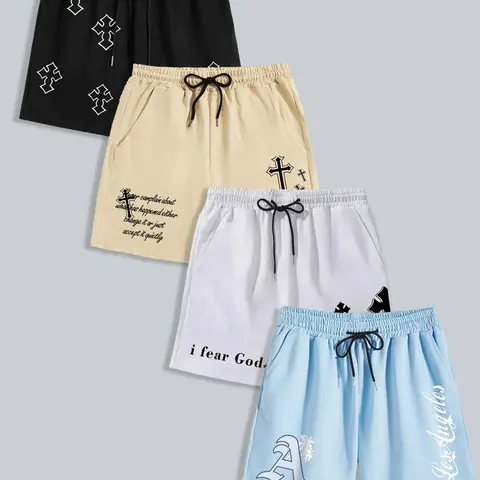 Men's Letter & Cross Print Drawstring Waist Shorts, Casual Regular Fit Pocket Elastic Waist Graphic Shorts, Men's Bottoms for Summer, Fashion Pocket Shorts, Adjustable Shorts, Daily Shorts, Drawstrings Shorts