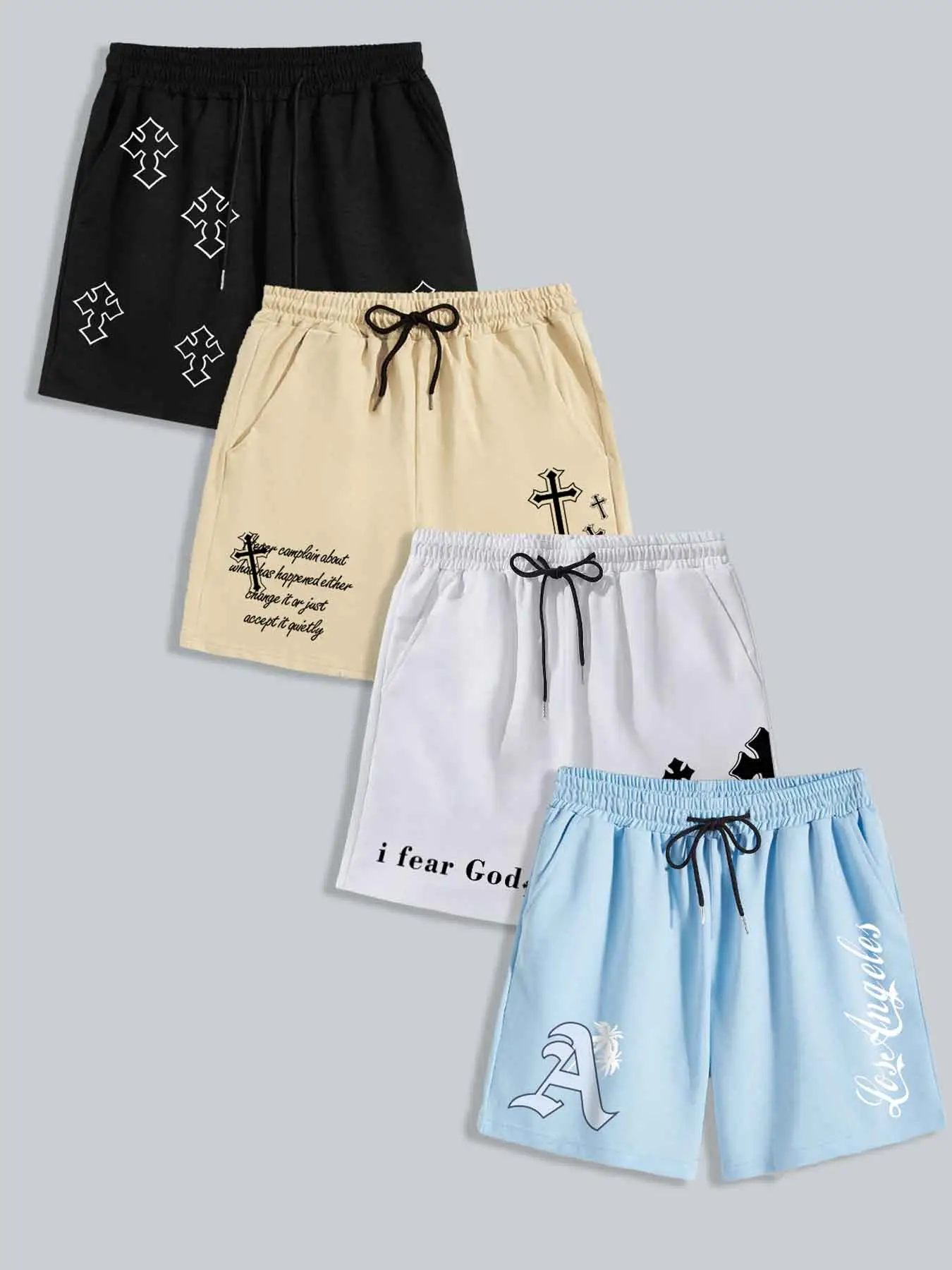 Men's Letter & Cross Print Drawstring Waist Shorts, Casual Regular Fit Pocket Elastic Waist Graphic Shorts, Men's Bottoms for Summer