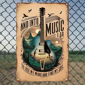 1pc Rustic Music Wall Art Sign Vintage Aluminum Guitar Note Lyric Plaque "Into Music I Go" 12x8 Inch Farmhouse Home Decor Metal Rustic Design Farmhouse Decoration