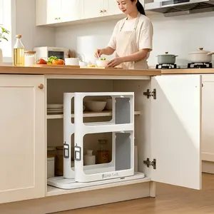 Cabinet spice rack organizer with slide and rotate function, featuring 2 double-layer shelves, non-slip base, and magnetic modular design, measuring 10.8" H x 5.25" W x 10.8" D