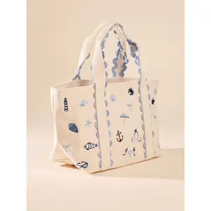 Coastal Icons Mini Tote Bag – Embroidered Beach Canvas Handbag with Seashell and Nautical Design