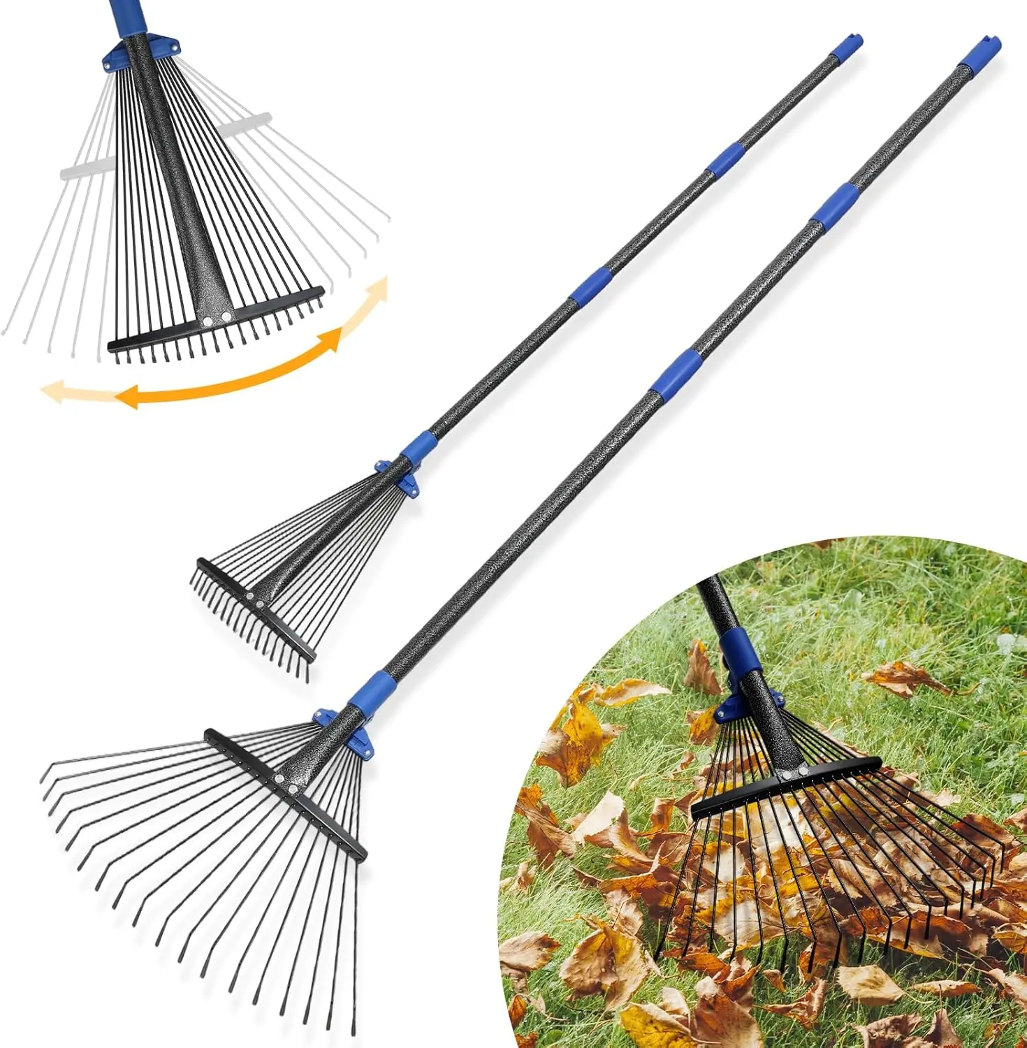 Adjustable Garden Rake, 8–17 Inch Expandable Leaf Rake with 30–60 Inch Handle, 18 Metal Tines Heavy Duty Yard Rake for Leaves, Lawn, Garden & Grass Cleanup