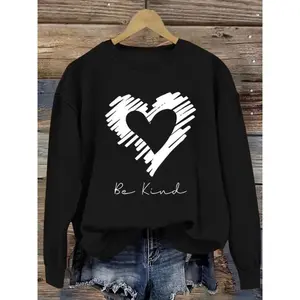 Women's Casual Be Kind Heart Graphic Pullover Sweater, Soft Long Sleeve Round Neck Sweatshirt, Comfortable Daily Wear