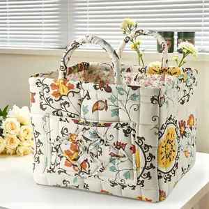 Floral Foldable Storage Basket Cotton Fabric Collapsible Laundry Hamper for Clothes Toys & Blankets Car Trunk Organizer Backseat Storage Machine Washable
