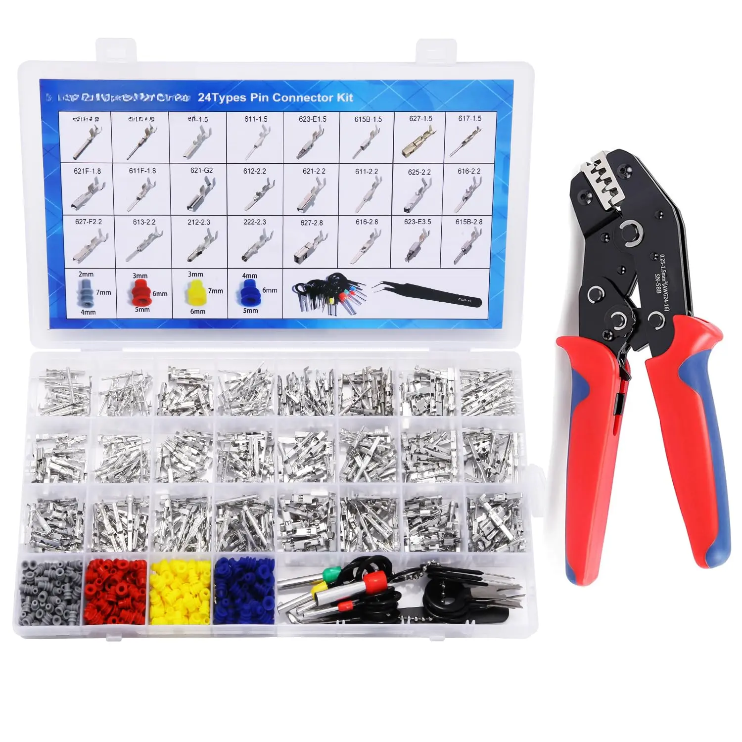 24types 900 count Automotive Pin Connectors Kit, 1/1.5/1.8/2.2/2.3/2.8/3.5mm Male&Female Wire Pins, Non Insulated Wire Terminal Pin Kit. (Pin Kit & Crimp Tool)