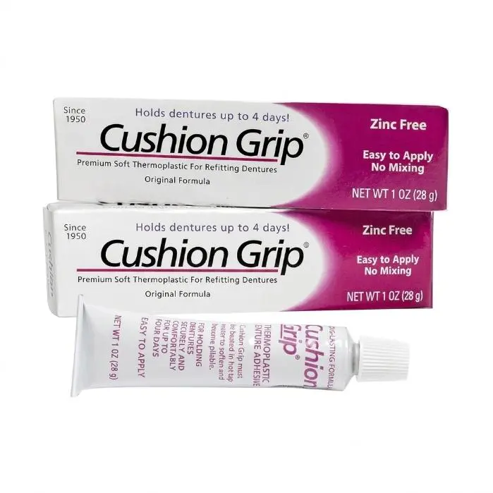 Cushion Grip Thermoplastic Denture Adhesive – Refits & Tightens Dentures, Works Like a Denture Reliner for Long-Lasting Comfort, Holds Up to 4 Days, Waterproof & Zinc-Free - 1 oz (Pack of 2)