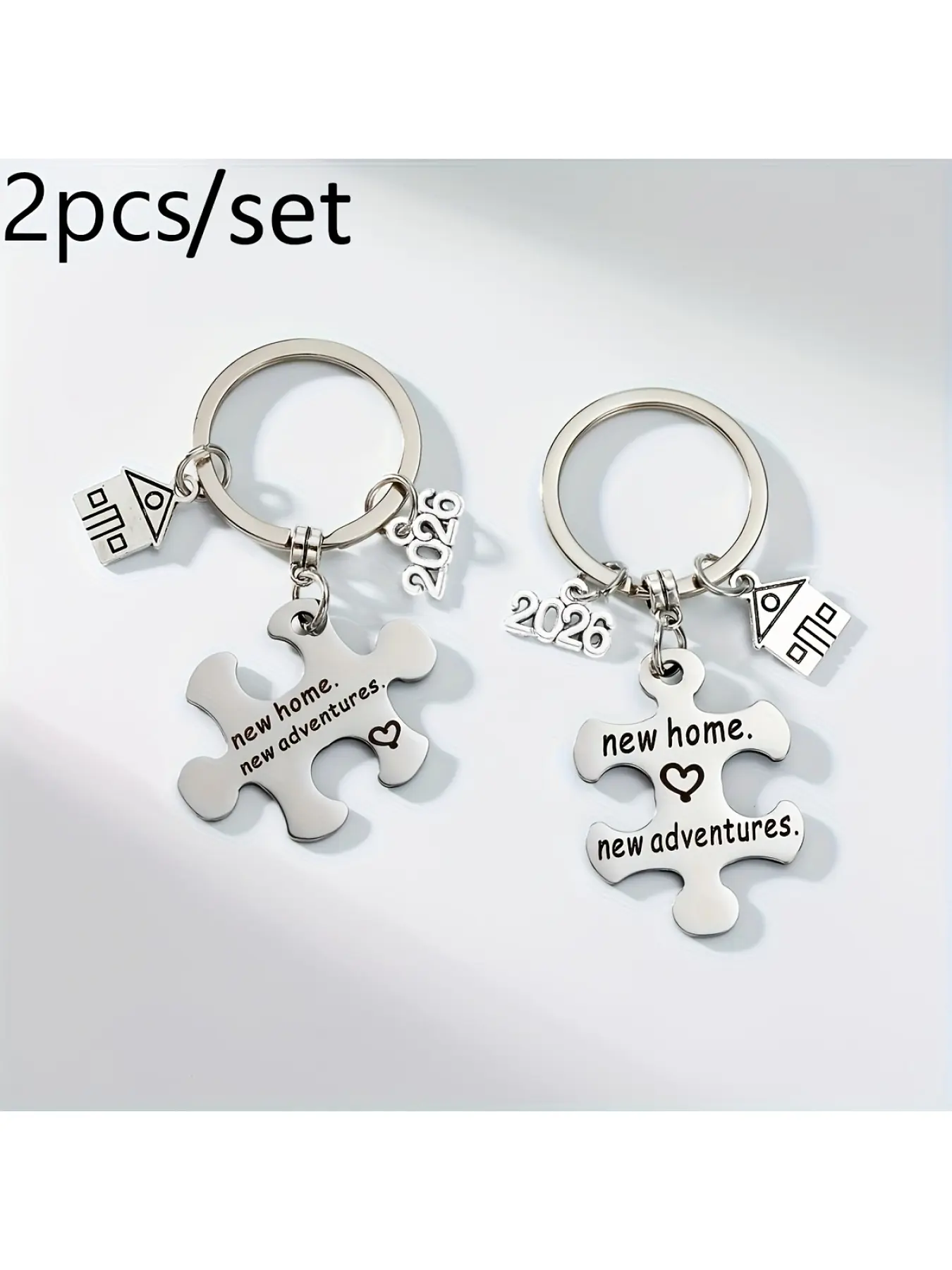 2pcs/Set Housewarming Jigsaw Stylish Keychain, Stainless Steel, with House And 2026 Additions, Newhome Double, Housewarming Gift for New Neighbors Housewarming Gift for New Homeowners House Keychain